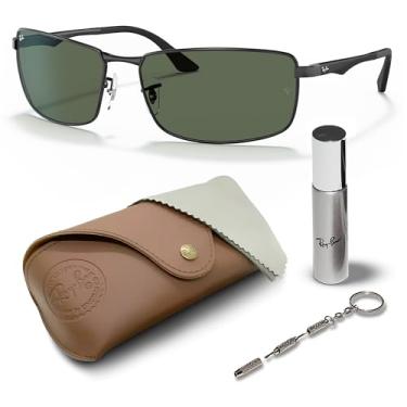 Imagem de Ray-Ban RB3498 Óculos de sol retangulares para homens e mulheres com kit oficial RAYBAN Eyewear, Armação preta polida | Lente verde, 61 mm