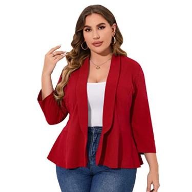 Imagem de KOJOOIN Vestido feminino plus size com decote em V, cintura alta, babados, manga comprida, vestido midi com cinto, Vermelho, XGG
