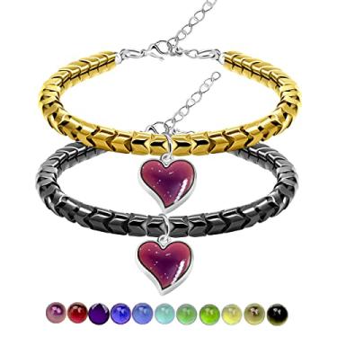 Imagem de Uloveido Um par de pulseiras de hematita em forma de engrenagem com pingentes de coração de humor termo sensível que muda de cor, presentes para casais, 26.1 inches, Hematita, hematita