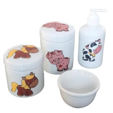 Imagem de Kit higiene bebê 4 peças Fazendinha - potes, porta álcool e molhadeira