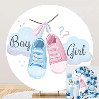 Imagem de OERJU Capa de fundo redonda reveladora de gênero para meninos ou meninas, decoração de chá de bebê, fundo para fotografia, rosa, azul, sapatos recém-nascidos, revelação de gênero, festa, círculo, pano