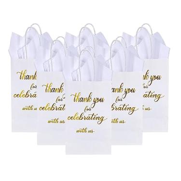 Imagem de DjinnGlory Pacote com 50 sacos de presente pequenos brancos e dourados de boas-vindas com papel de seda, obrigado por comemorar conosco, sacos de papel 23 cm x 14 cm x 8 cm para lembrancinhas de festa