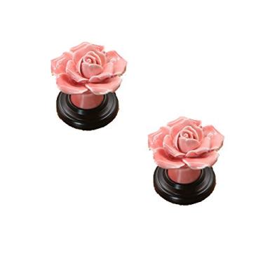 Imagem de Puxadores de porta de cerâmica em forma de flor rosa roxa com furo único puxador de armário de cozinha - perfeito para gavetas de móveis de meninas puxadores de armário decorativos (rosa)