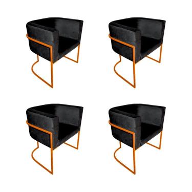 Imagem de Kit 4 Poltronas Decorativa Sala de Estar Base de Ferro Cobre Veludo Preto