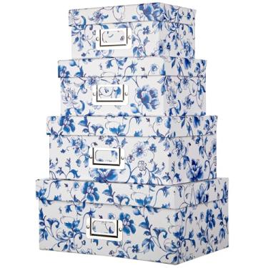 Imagem de Briful Caixas de armazenamento de porcelana azul e branca com tampas, conjunto de 4 – organizador de caixa de armazenamento de fotos de cartão aninhado chinoiserie, caixa de papelão decorativa para