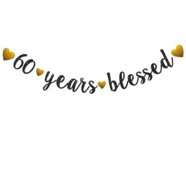 Imagem de 60 Years Blessed Banner, pré-amarrado, faixa de papel com glitter preto para festa de 60º aniversário de 60 anos suprimentos de decorações de festa de aniversário de casamento, sem necessidade de