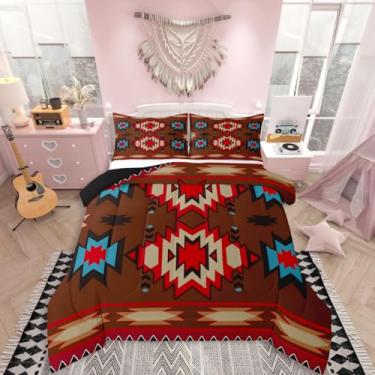 Imagem de jejeloiu Conjunto de cama com design nativo americano do sudoeste, tamanho casal, geométrico, sudoeste, para meninos e meninas, edredom boêmio, decoração de quarto, microfibra macia e respirável para