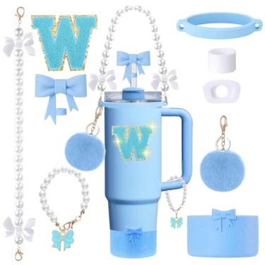 Imagem de Conjunto de acessórios para copos Stanley de 9 peças - para copos de 850 g 1,134 g com alça - Kit Bule inclui enfeite de palha e bota, pingente, alça de pérola e adesivos - Presentes estéticos para