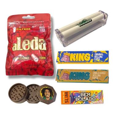 Imagem de Kit Tabacaria Bolador Manual, Triturador Fibra de Coco, Filtro Aleda Classico, Sedas e Piteiras de Papel