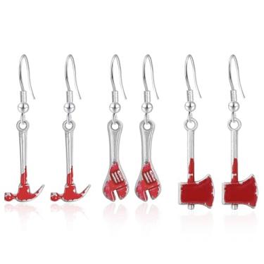 Imagem de JOONL 3 pares de brincos vintage punk de liga punk sangrenta e assustadora martelo pingente de gota personalidade hip pop brincos de gancho de festa, Medium, Metal, Sem pedra preciosa