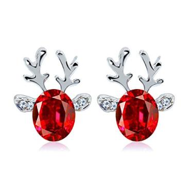 Imagem de Yuren Presente de brincos de Natal! Brincos tridimensionais de luxo com chifres de rena de Natal com pedras preciosas de cristal (vermelho)