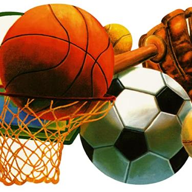 Imagem de CONCORD WALLCOVERINGS Papel de parede com estampa esportiva de beisebol basquete tênis bola de futebol cesta luva morcego para quarto de criança, marrom, verde, vermelho, azul, 3,5 m por 23 cm