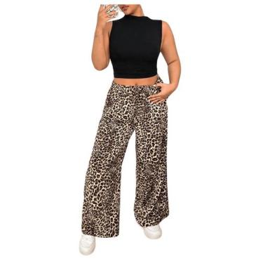 Imagem de Calça feminina WDIRARA plus size com estampa de leopardo marrom 1GG