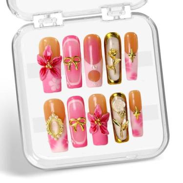 Imagem de Prensa artesanal em unhas compridas quadradas francesas com flores 3D 