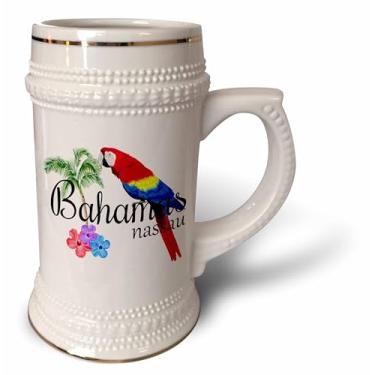 Imagem de 3dRose Lembrança das Bahamas Nassau Caribbean com papagaio tropical e flores. - Caneca Stein, 500 ml, 650 ml, branca