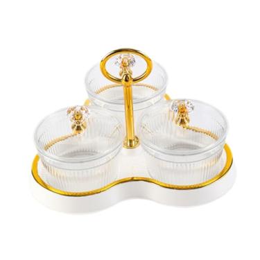 Imagem de Generic Bandeja para servir lanches de frutas secas, doces, nozes, com alça, com tampa, pote de armazenamento de cozinha, bandeja de servir dividida para casa, Creme Branco 3 Grades