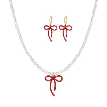 Imagem de ONLYJUMP Conjunto de 2 pares de brincos de colar de coração de pérola para mulheres, colar delicado com pingente de pérola, laço de coração vermelho, flor, lábio, argola, joias, festa de casamento