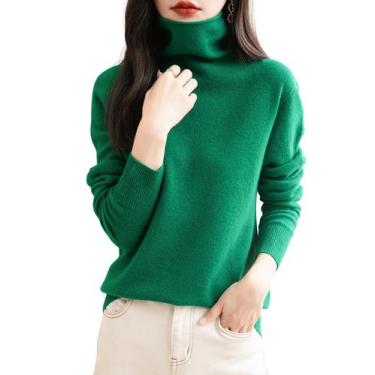 Imagem de Suéter feminino de caxemira Chanyarn, manga comprida, gola alta, verde