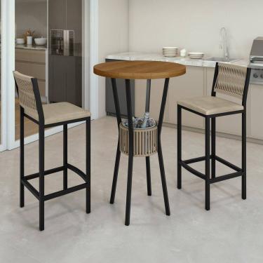 Imagem de Conjunto Mesa Bistrô Bar Tampo Madeira Maciça Ripado 70cm com 2 Banquetas Barcelona Rami/Pérola/Preto