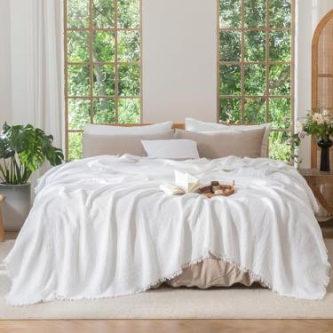 Imagem de MooMee Cobertor de musselina - Cobertor de gaze de 4 camadas 100% algodão com franjas em toda a volta, ultramacio respirável leve refrescante decorativo para cama, sofá e sofá (branco brilhante, King