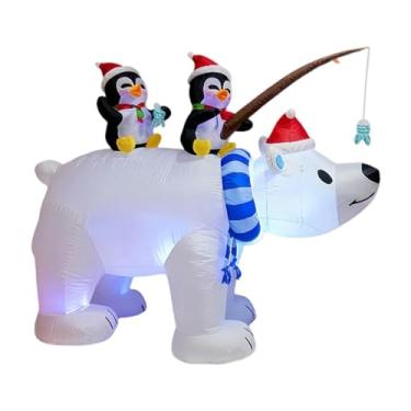 Imagem de Baoblaze Urso polar inflável de Natal com pinguins pescando, enfeite iluminado para decoração de festas e jardins externos.
