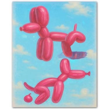 Imagem de ZUKIY Balloon Dog Mischief Moments - Pôster colorido de arte pop 20 x 25 cm - Arte de parede de banheiro engraçada sem moldura - Decoração de cachorro balão azul e rosa para quarto de adolescente ou