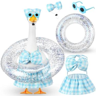 Imagem de Sunnymove Roupa de ganso para varanda de biquíni com óculos de sol e tubo de natação para decoração de estátua de jardim de ganso de verão de 58 cm (xadrez azul)