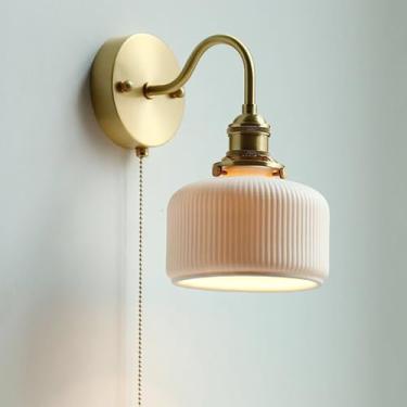 Imagem de Jadssox Arandela de parede de latão com interruptor de corrente de puxar luz de montagem de parede de cerâmica branca moderna lâmpada de parede pescoço de ganso arandelas de iluminação de parede para