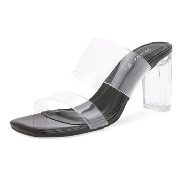 Imagem de Shion ShaaYii Sandálias femininas transparentes de salto quadrado grosso com duas tiras de salto aberto sem cadarço para mulheres, Duas alças pretas, 40