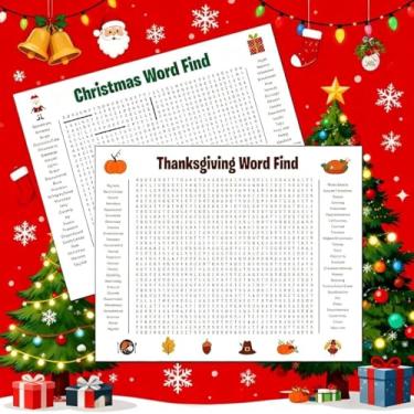 Imagem de Pôster jumbo de 2 peças de busca de palavras de Natal, jogo de parede gigante de 6 cm de altura, pôster divertido de 50 palavras, atividade de festa de férias em família para Ação de Graças e Natal