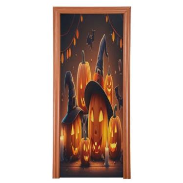 Imagem de Qilmy Decoração de capa de porta 89 x 200 cm tecido grande placa de decoração de festa de Halloween para porta da frente Halloween abóbora varanda decoração externa janela parede 599
