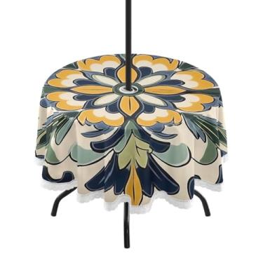 Imagem de CEBUGI Toalha de mesa redonda para uso externo, estampa floral, impermeável, com furo Umberlla, capa de mesa lavável para pátio, cozinha, sala de jantar, 152 cm