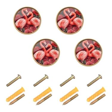 Imagem de Burbuja Maçanetas de armário de cozinha Flamingo Roses, pacote com 4, puxadores redondos de 3,5 cm, puxadores de cômoda com parafusos para armários de cozinha, quarto, armário