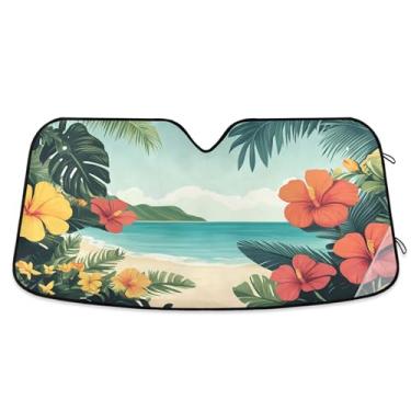 Imagem de Burbuja Exóticas Praia Flores Plantas Para-brisa Carro Para-brisa, Protetor Solar, Bloco Protetor de Raios UV Acordeão Dobrável para Janela Dianteira, 140 x 70 cm