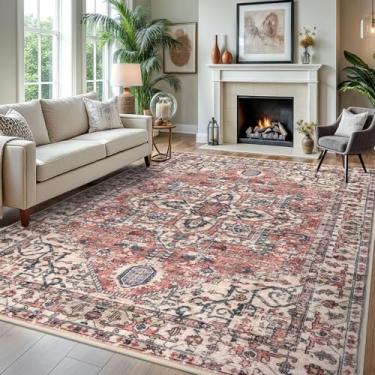 Imagem de KOZYFLY Tapete de área 20 x 3 m para sala de estar, lavável, tapete antiderrapante, para sala de estar, estampado, lã sintética, vintage, para sala de jantar, terracota/bege