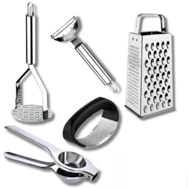 Imagem de Kit 5 Peças Inox Cozinha | Amassador Batata e Alho, Descascador, Espremedor Limão e Ralador 4 Faces(KIT 5 PEÇAS COMPLETO)