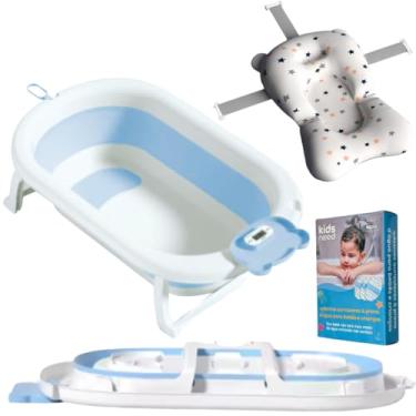 Imagem de Kids Need - Banheira Infantil Grande 50 Litros Dobrável Retrátil Com Termómetro, Porta Sabonete e Porta Chuveirinho - Individual Ou Kit Com Almofada Assento Travesseiro Flutuande De Banho Para Bebê Com Alça Ajustável. (Banheira Azul Claro + Almofada + Adesivo)