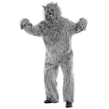 Imagem de JUST FOR PARTY Halloween Midnight Werewolf Costume for Unisex Adults, Grey Fur Jumpsuit with Tail and Mask Halloween Dress-Up Party, One Size