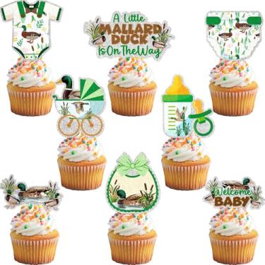 Imagem de 24Pcs Mallard Duck Baby Shower Cupcake Toppers - Glitter Duck Hunting Baby Shower Party Decorations for Birthday Cake Décor