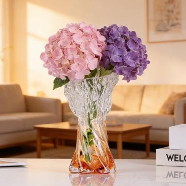 Imagem de Vaso de vidro soprado à mão – Vaso de flor de vidro degradê âmbar com borda ondulada, peça central decorativa exclusiva para decoração de sala de estar ou mesa (pequeno)