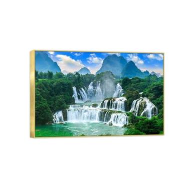 Imagem de Quadro dourado arte de parede paisagem impressões em tela - Cachoeira floresta árvore decoração pintura quadros para quarto 30x45cm12x18in