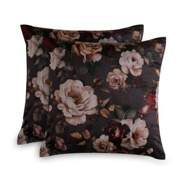 Imagem de StangH Capas de almofada vintage pretas florais, capas de almofada quadradas estampadas de veludo super macias retrô decorativas para sala de estar e quarto, pacote com 2