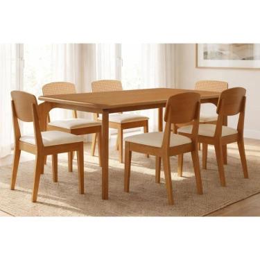 Imagem de Sala Jantar Mesa Londrina Tampo Curvo 180cm+6 Cadeiras Havana Naturale - Suede Creme - Rufato