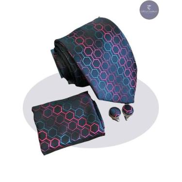 Imagem de Gravata de Seda Jacquard Preta com Lenço e Abotoaduras - Conjunto Eleg