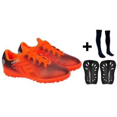Imagem de Chuteira Society Campo Adulto + Meião + Caneleira - Uzze, Laranja, 42