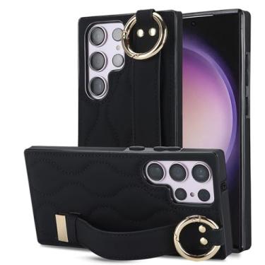 Imagem de LTLMYDAM Capa de alta qualidade para Samsung Galaxy S26 Ultra/S26 Plus/S26, pulseira de couro com linhas artísticas requintadas com anel fino, preta, S26 Plus