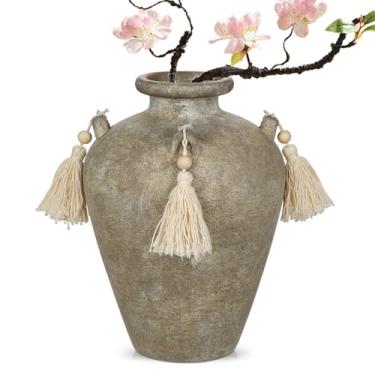 Imagem de Vaso de cerâmica grande de 24 cm para centros de mesa - Vaso rústico de fazenda com 4 orelhas e borlas, vasos de flores vintage de terracota para mesa, mesa, sala de estar, quarto, entrada, decoração