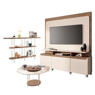 Imagem de Estante Home Theater Quantum E Aparador Infinity E Mesa De Centro Sky Com Tampo De Vidro Off White Castanho- Hb Móveis