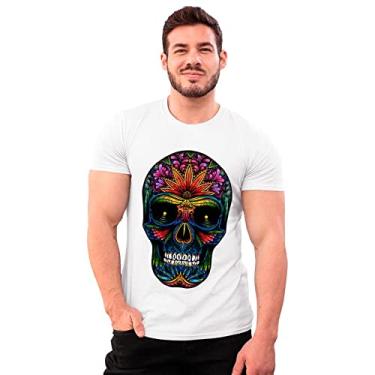 Imagem de Camiseta Algodão Caveira Mexicana Colorida Shap Life T-Shirt Cor:Branco;Tamanho:G