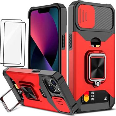 Imagem de Capa para iPhone 13 (6.1) Case com tampa para câmera deslizante e protetor militar de grau militar com suporte magnético para iPhone 13 (6.1) (vermelho)